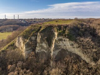 Hungary - Amazing Rocky coast next to the Danube river near Százhalombatta city from drone view