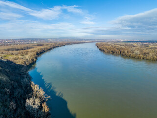 Hungary - Amazing Rocky coast next to the Danube river near Százhalombatta city from drone view