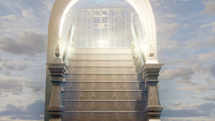 Stairway to Heaven. Golden stairs with Heavens gate. Religious background or success concept.
