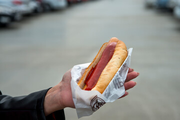 close up of hotdog in hand