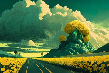 Yellow pavement, flowers, and clouds make up the Emerald City. Generative AI