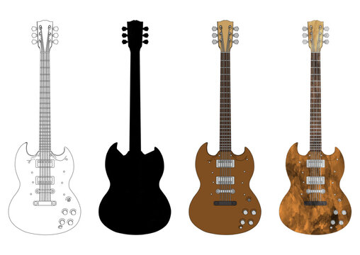 エレキギターのシンプルなリアルイラストセット素材