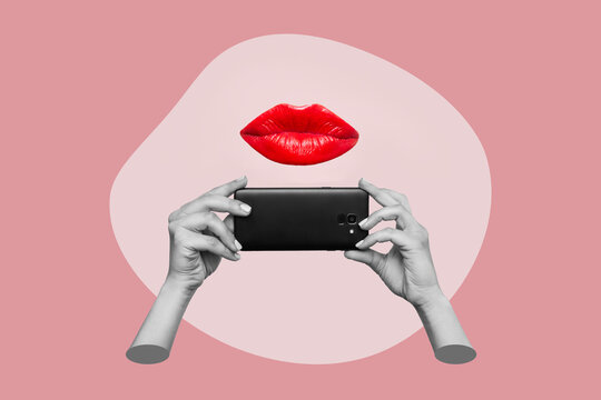 Black mobile phone with photo camera in female hands taking picture and kissing woman's red lips on a pink background. 3d trendy collage in magazine style. Contemporary art. Modern design