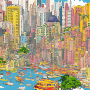 Historical sites Hong Kong China colorful illustration 