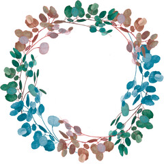 Hand-drawn watercolor round frame or wreath of eucalyptus branches on a transparent. The high quality clip art for  postcards, samples, prints, congratulations and more. PNG file 6000x6000 px.