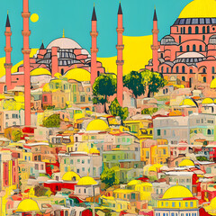 Historical sites Istanbul Turkey pop art style 