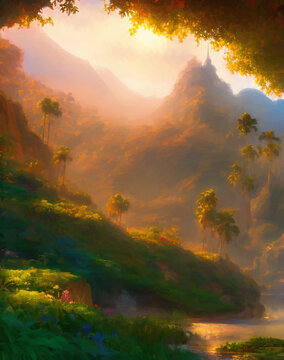 wild tropical island scenic landscape Generative AI computer generated painting