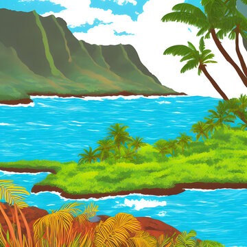 Natural environment Kauai United States colorful illustration 