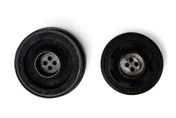 Crankshaft pulley isolated on white background. Car torsional vibration damper.