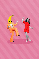 Creative abstract collage template graphics image of funky funny lady dancing banana head guy isolated drawing background