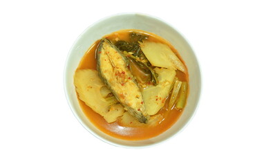 spicy boiled snakehead fish and mixed vegetable in spicy soup on bowl 