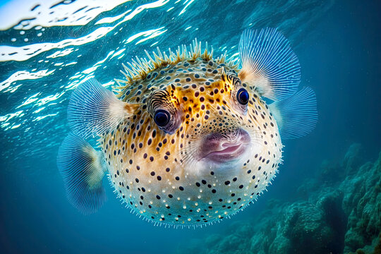 Balloon-like Inflated Puffer Fish In Blue Seawater