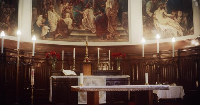 Cinematic Camera Showing an Altar in a Church, Showing Wall Paintings and Murals Ending with the Portrait of Jesus Christ With Open Arms. Representation of the Lord's Acceptance towards the Faithful