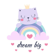 cartoon poster with cute cat and rainbow