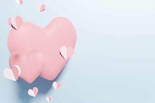 3d render of pastel pink hearts pattern on a blue background