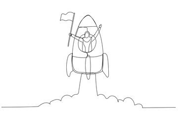 Cartoon of muslim business woman with flag on a rocket ship launching. Single line art style