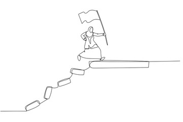 Drawing of muslim business woman jumping on collapse bridge to reach target concept of survival. One line style art