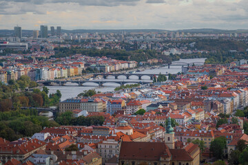 Fototapeta na wymiar Aerial view of Vltava River and Prague Bridges - Prague, Czech Republic