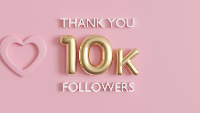 Thank you 10000 followers animation with hearts on pink background. Video for social network, blog. 10k followers celebration. Social media achievement motion graphic. Ten thousand subscriber. 3D.