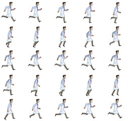 Fototapeta na wymiar Doctor 2D Animation sprite-sheets for videos and games.Doctor with mask walking running.