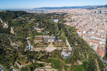 View Point Of Barcelona in Spain. On Montjuic hill, Mirador de l'Alcalde, or Mayor's Viewpoint is a terraced belvedere overlooking the city of Barcelona. Miramar Hotel in Background