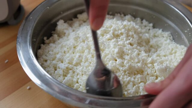 Organic eco healthy meal, dairy product. cottage cheese is mixed with sugar