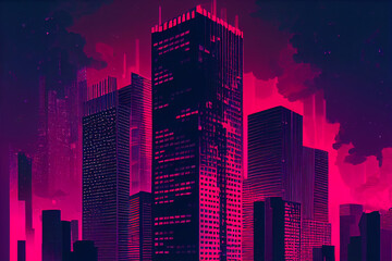 Fototapeta na wymiar Skyscrapers of big city in neon purple lighting.