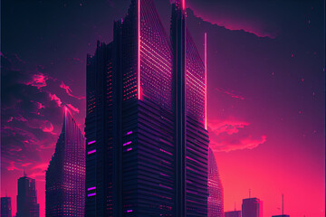 Cityscape with skyscrapers with purple neon lighting