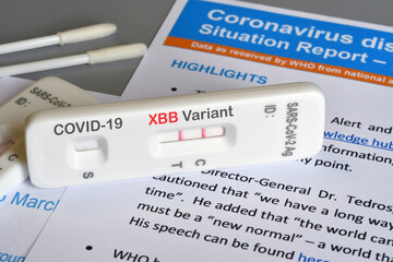 SARS‑CoV‑2 antigen test kit for self testing with positive result with text Covid-19 XBB Variant on grey background. Close-up. Concept for the new Covid 19 XBB Variant
