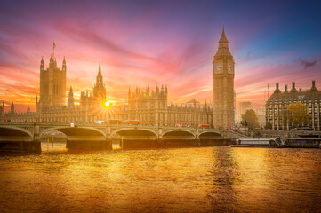 Naklejka na ściany i meble Landscape with Big Ben and Westminster palace at sunset in London, Great Britain