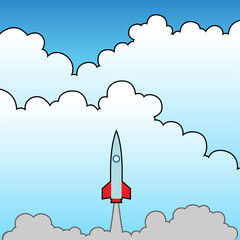 Cartoon Rocket Launches and Flies into the Clouds