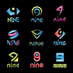 Colorful Glossy Number 9 Icons on a Black Background