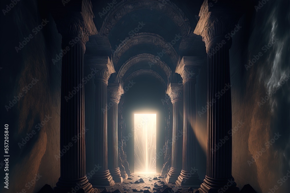 Poster luminous columns stand in a cavernous space. generative ai
