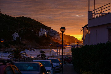 Red sunrise on the beach