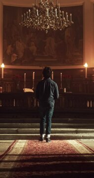Back View: Christian Man Getting on his Knees and Starting to Pray in a Church. He Seeks Guidance From his Religious Faith and Spirituality. Spirit of Christianity and Belief in the Goodness of God