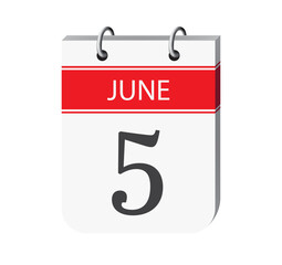 5 june calendar page vector. 3d one day calendar date appointment, deadline, event reminder illustration. Abstract three dimensional daily date calendar.
