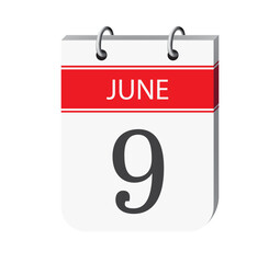 9 june calendar page vector. 3d one day calendar date appointment, deadline, event reminder illustration. Abstract three dimensional daily date calendar.
