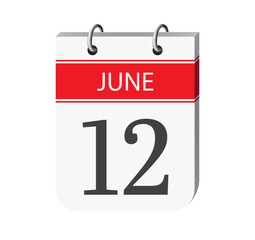 12 june calendar page vector. 3d one day calendar date appointment, deadline, event reminder illustration. Abstract three dimensional daily date calendar.
