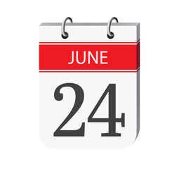 24 june calendar page vector. 3d one day calendar date appointment, deadline, event reminder illustration. Abstract three dimensional daily date calendar.
