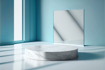 white marble display podium for luxury product advertisement with a beautiful blue color background, generative ai