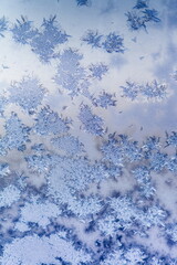 Frosty drawing on the window close-up in winter