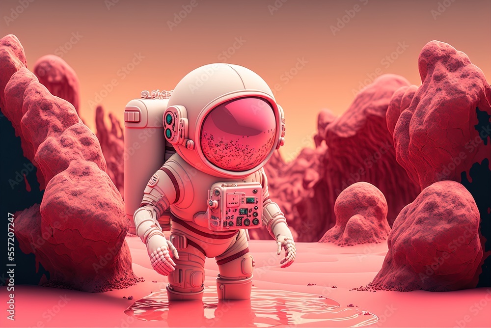 Poster pink floaty astronaut exploring mars for water -. generative ai
