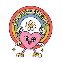 Weird cute heart character with rainbow in psychedelic 70's style. Hippie, groove, retro and vintage isolated sticker. Vector contour illustration with text - happy Valentine's day.