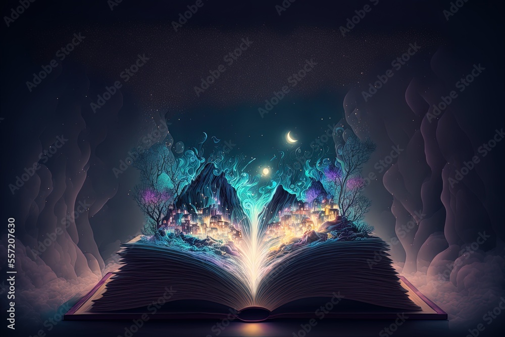 Poster a fantastic tale waiting to be read. there's a book there in the nighttime scene. knowledge and lang