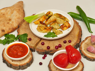 Georgian cuisine. Fresh vegetables, Shoti bread. Potatoes in a rustic way. On a white background. Close-up. View from above. Proper nutrition. 