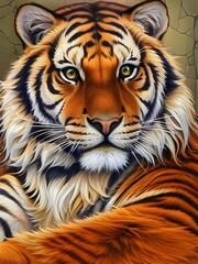 Close-up, Beautiful tiger painting. Cute tiger sitting isolated. Stock illustration.