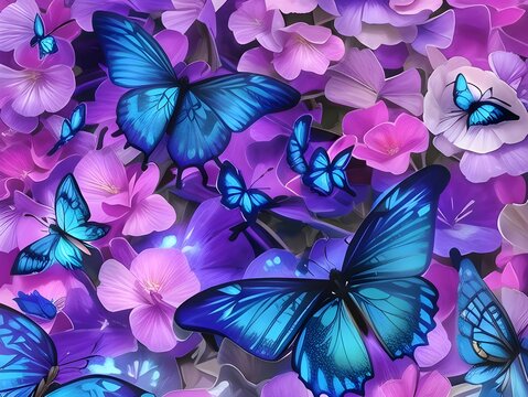 Background with butterflies. Abstract painting of butterflies with pink and purple flowers.