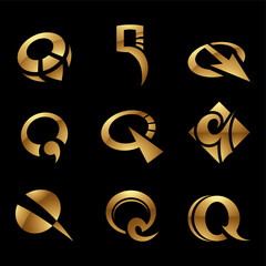 Golden Glossy Letter Q Icons on a Black Background