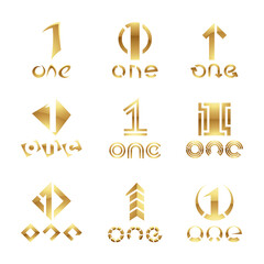 Golden Glossy Number 1 Icons on a White Background