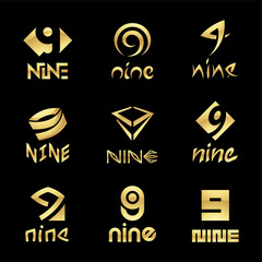 Golden Glossy Number 9 Icons on a Black Background